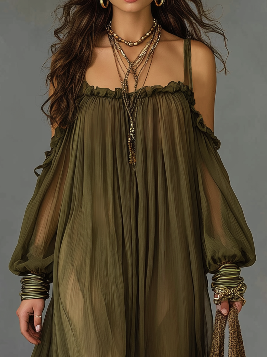 Stylish Olive Green Off-Shoulder Long Dress