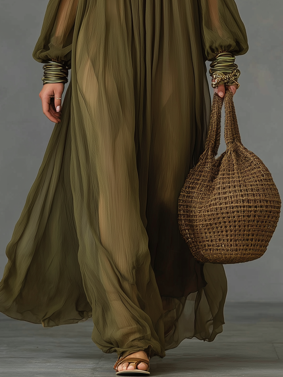 Stylish Olive Green Off-Shoulder Long Dress