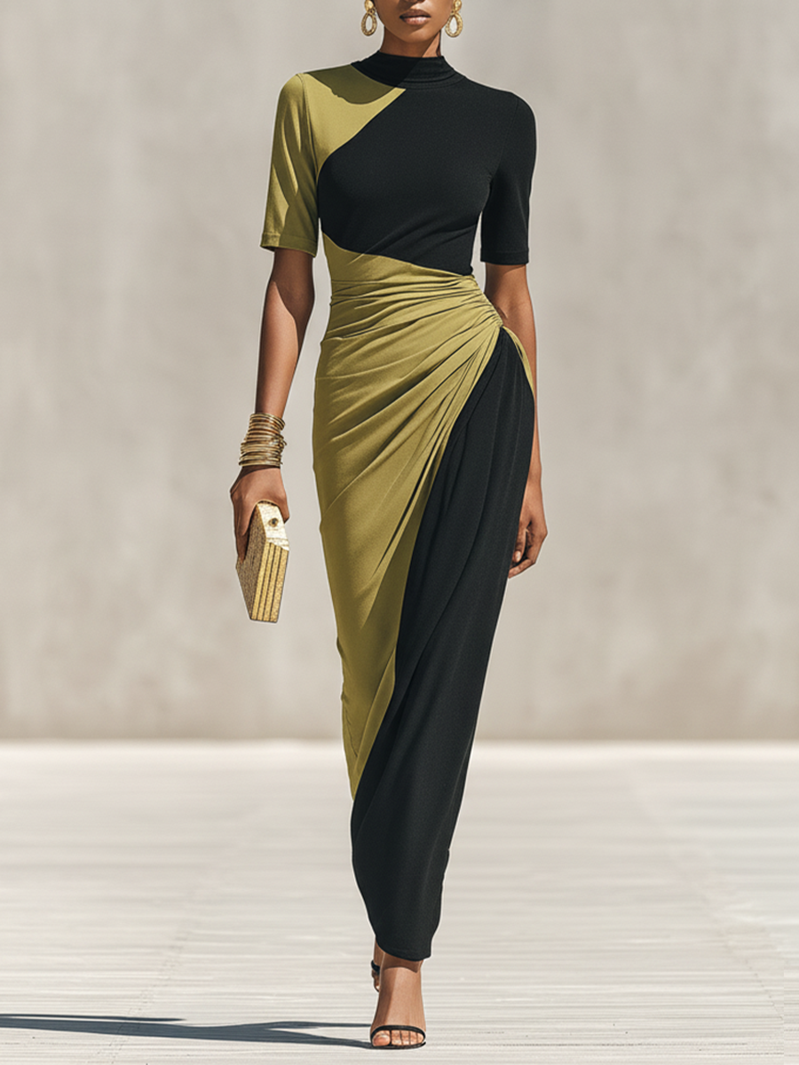 Women's Black & Olive Green Color-Block Maxi Dress