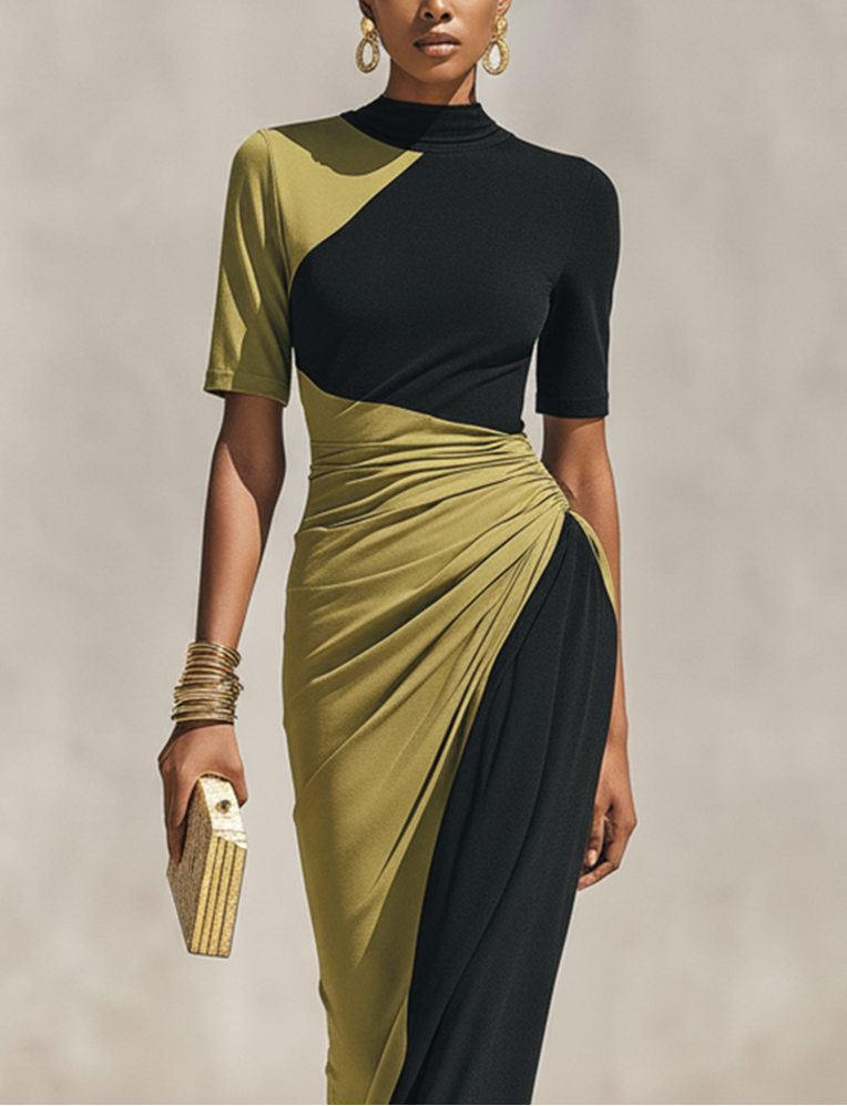 Women's Black & Olive Green Color-Block Maxi Dress