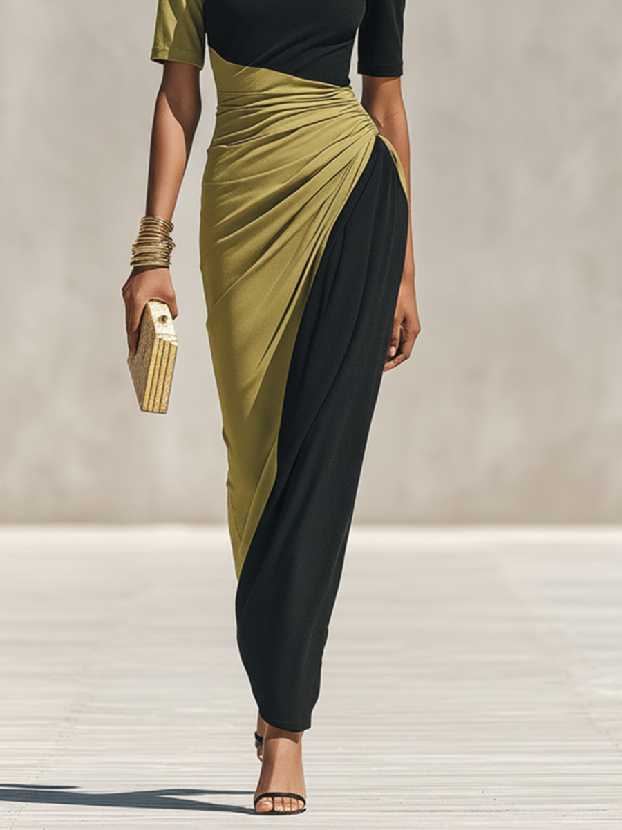 Women's Black & Olive Green Color-Block Maxi Dress