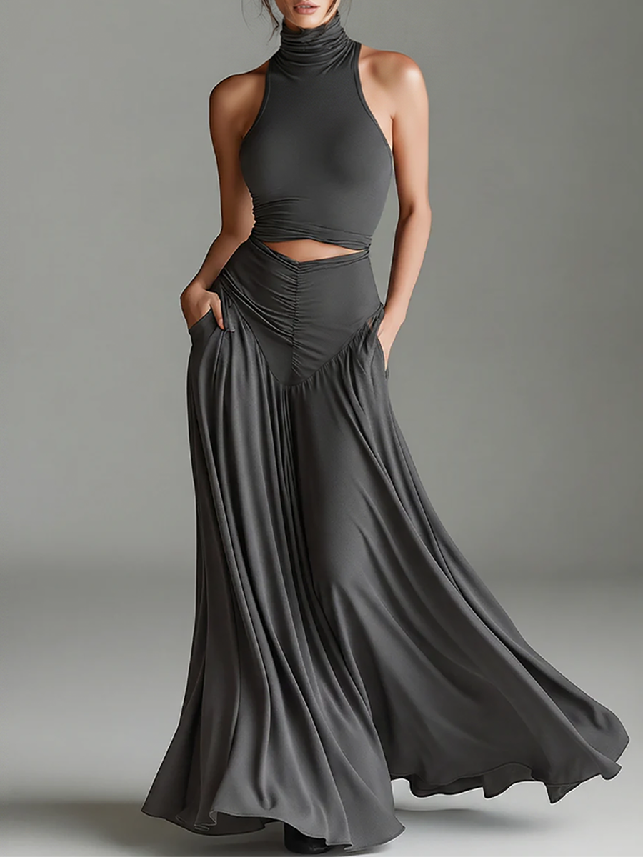 Women's Dark Grey Turtleneck Halter Cutout Waist Maxi Dress