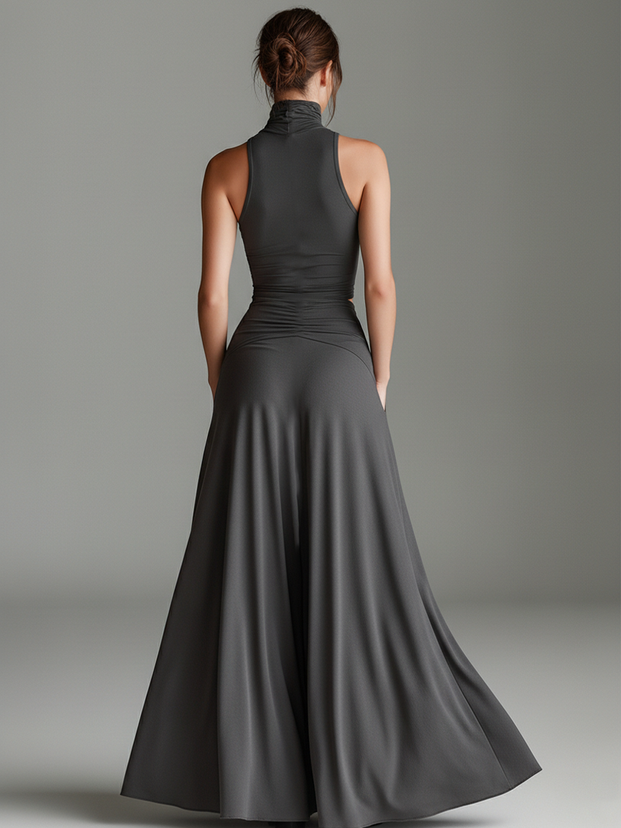 Women's Dark Grey Turtleneck Halter Cutout Waist Maxi Dress