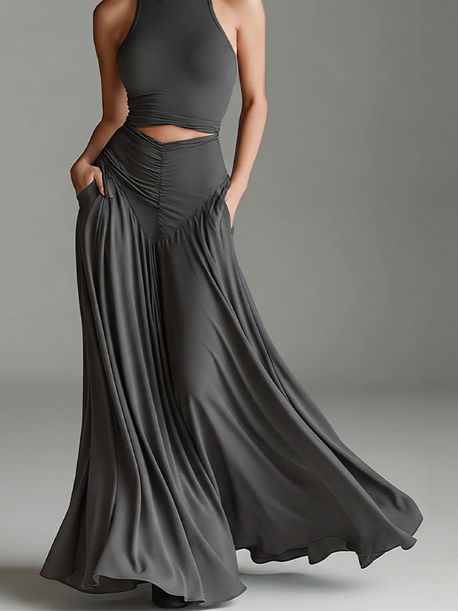 Women's Dark Grey Turtleneck Halter Cutout Waist Maxi Dress