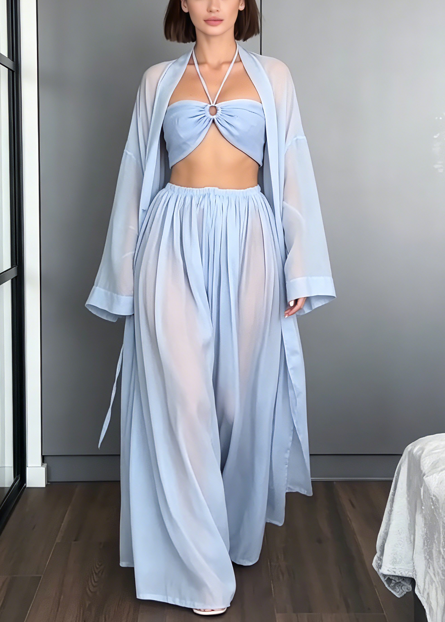 Light Blue Bra & Flowy Trousers & Cardigan Beach Resort Three Piece Set