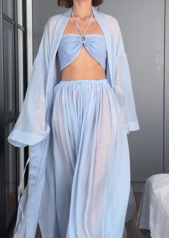 Light Blue Bra & Flowy Trousers & Cardigan Beach Resort Three Piece Set
