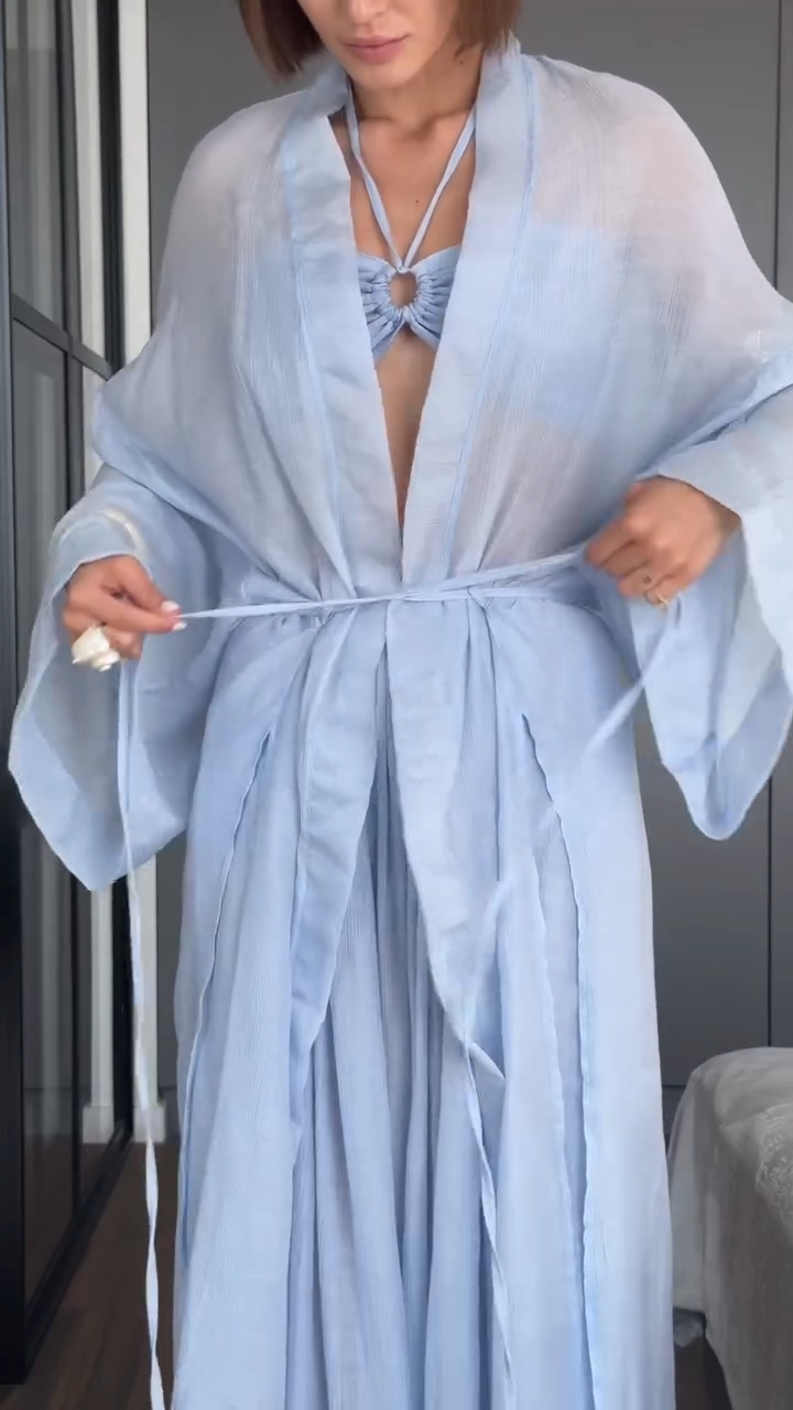 Light Blue Bra & Flowy Trousers & Cardigan Beach Resort Three Piece Set