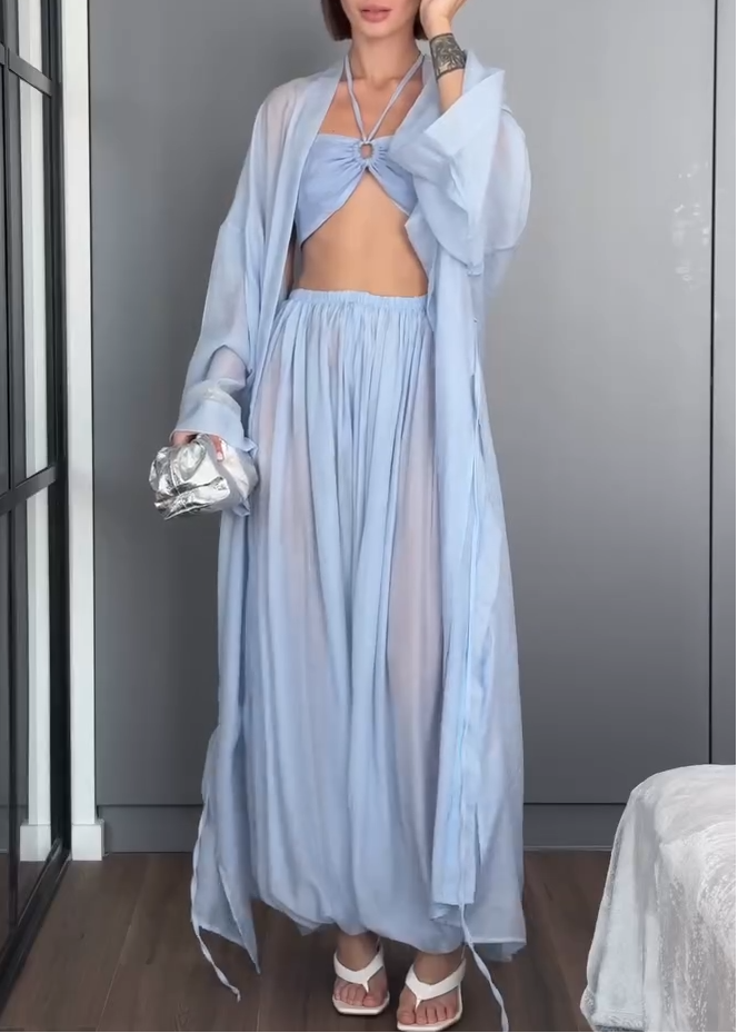 Light Blue Bra & Flowy Trousers & Cardigan Beach Resort Three Piece Set