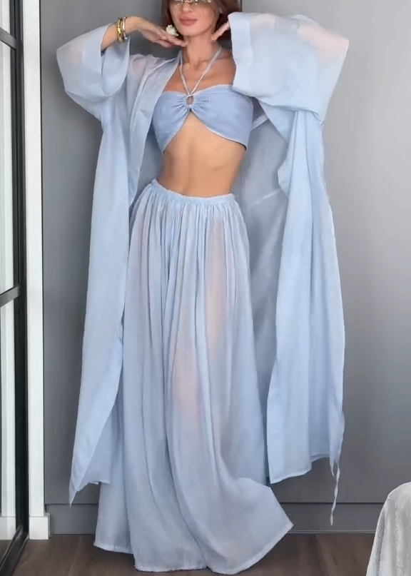Light Blue Bra & Flowy Trousers & Cardigan Beach Resort Three Piece Set
