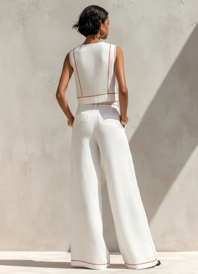 Women's Minimalist Linen-Blend Blouse & Wide-Leg Pants Set