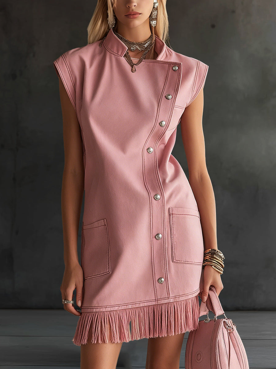 Western Style Pink Button-up Front Cardigan Fluffy Hem Mini Dress
