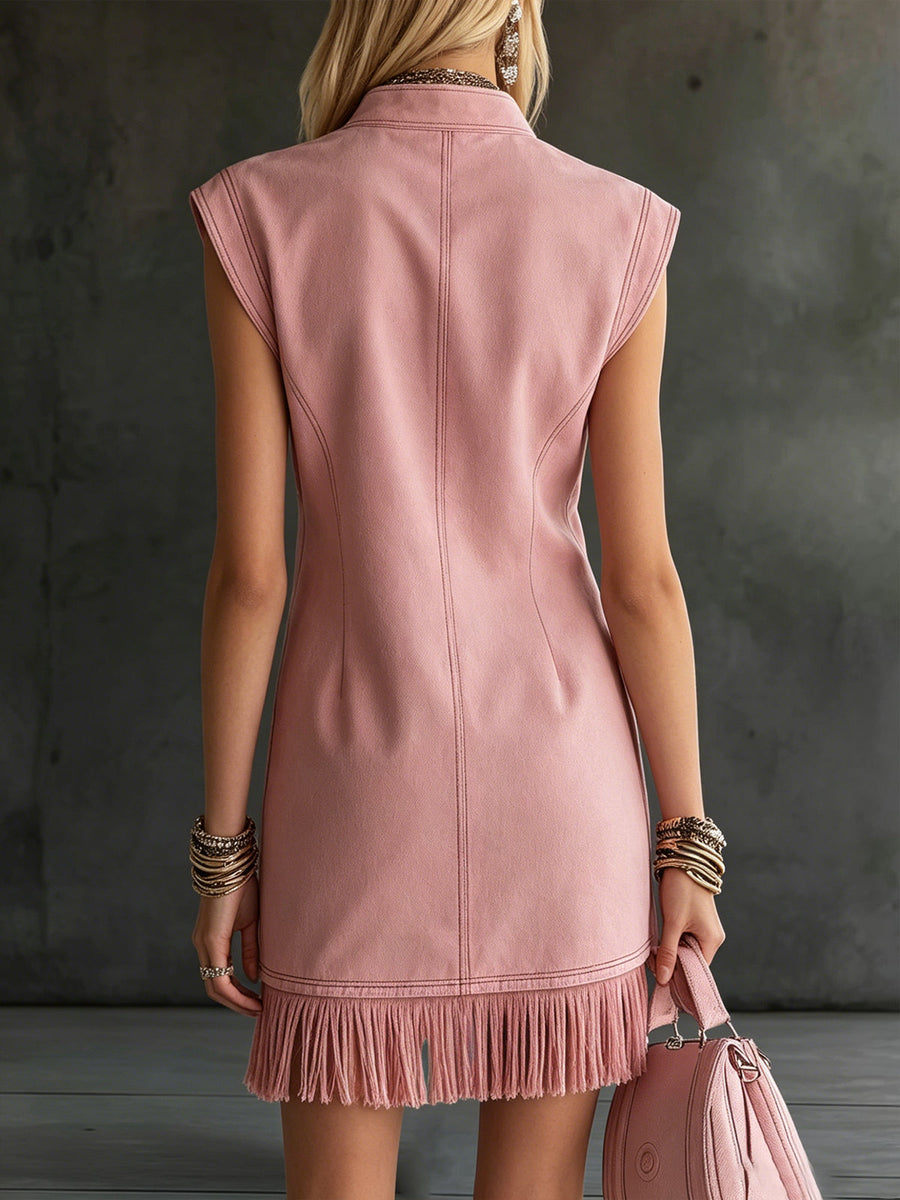 Western Style Pink Button-up Front Cardigan Fluffy Hem Mini Dress