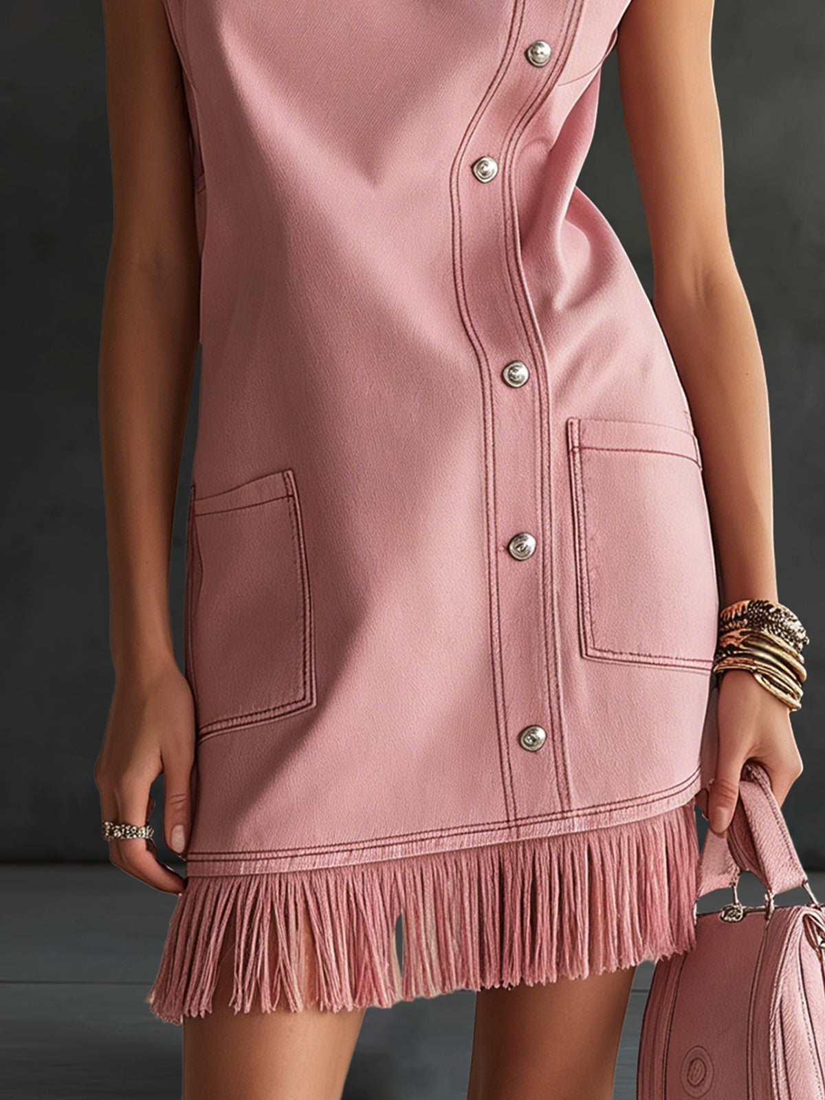 Western Style Pink Button-up Front Cardigan Fluffy Hem Mini Dress