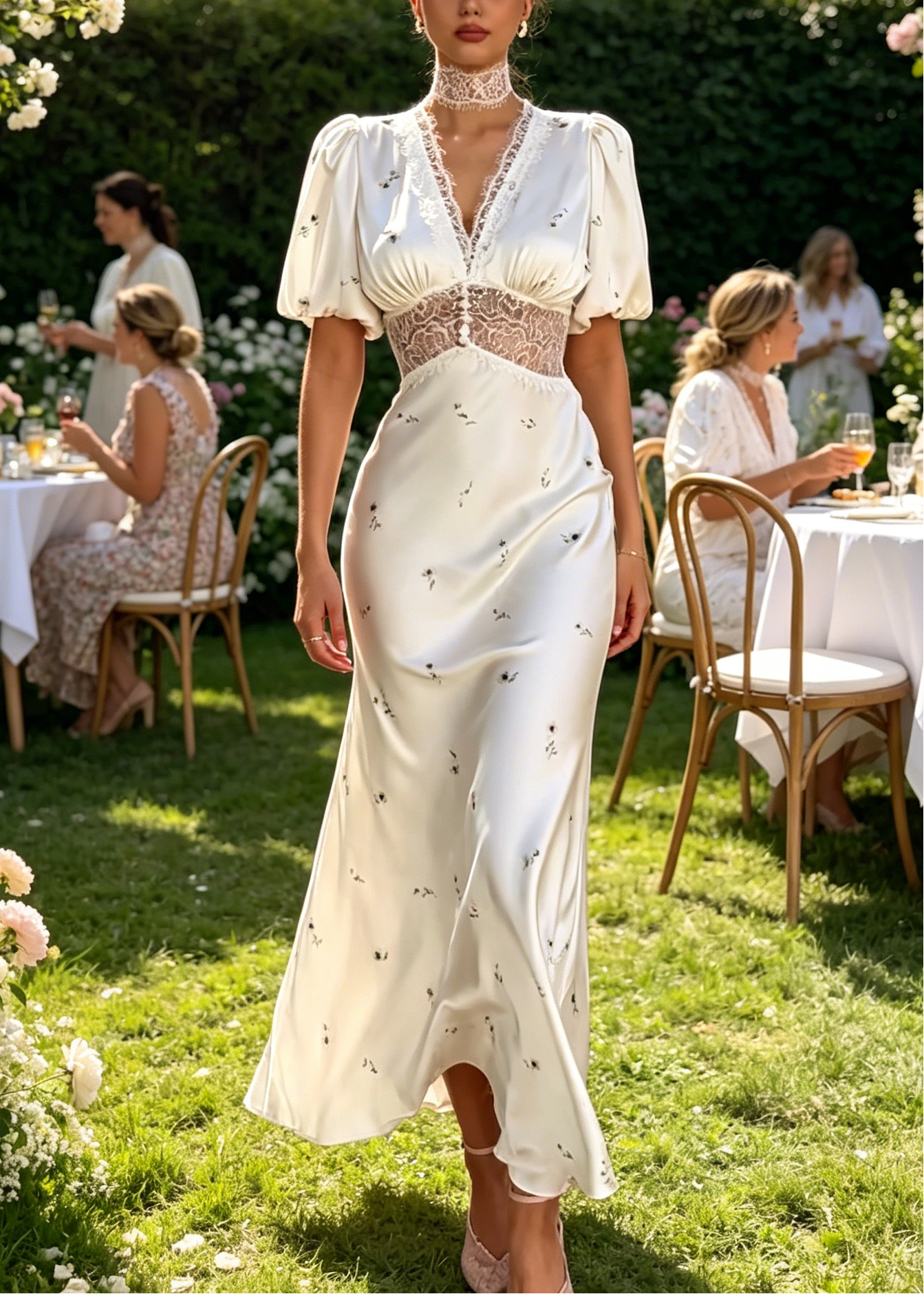 Romantic Floral V-Neck Lace Waist White Satin Maxi Dress