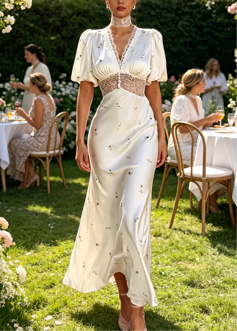 Romantic Floral V-Neck Lace Waist White Satin Maxi Dress