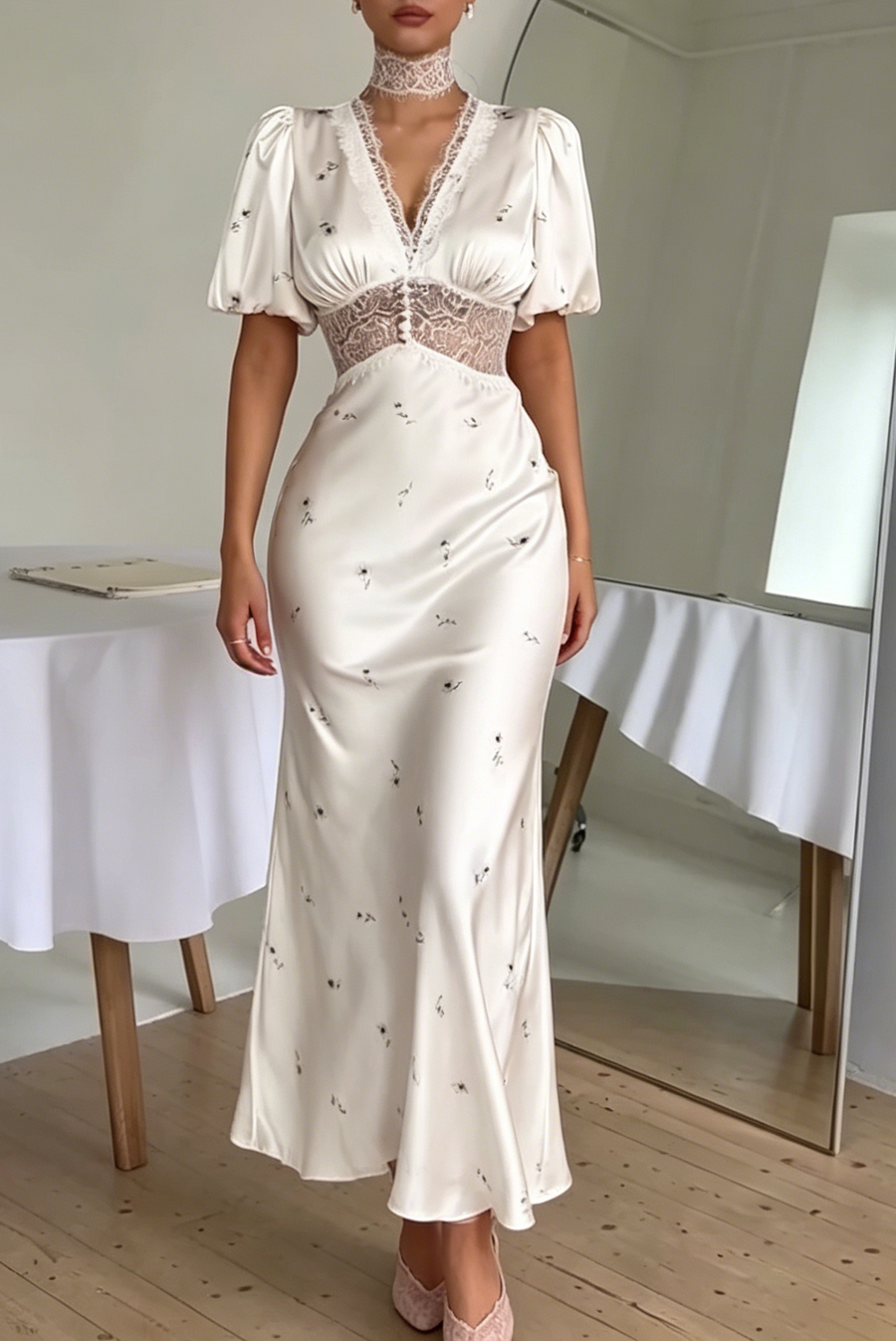 Romantic Floral V-Neck Lace Waist White Satin Maxi Dress