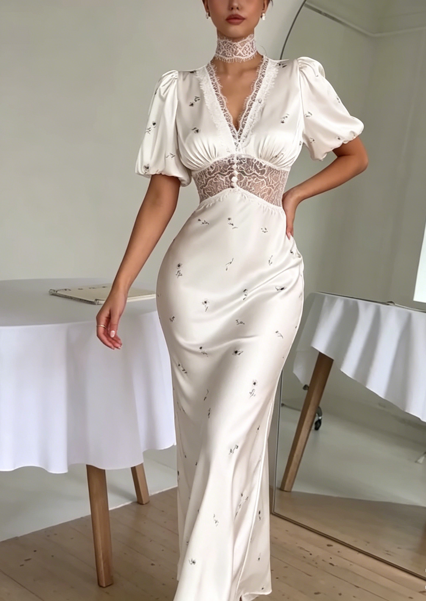 Romantic Floral V-Neck Lace Waist White Satin Maxi Dress
