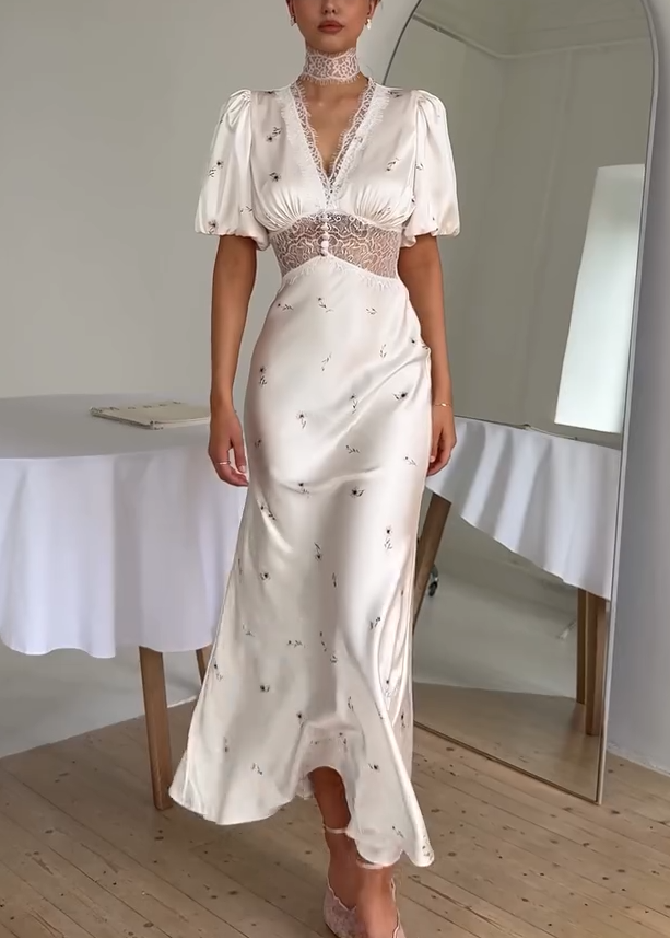 Romantic Floral V-Neck Lace Waist White Satin Maxi Dress