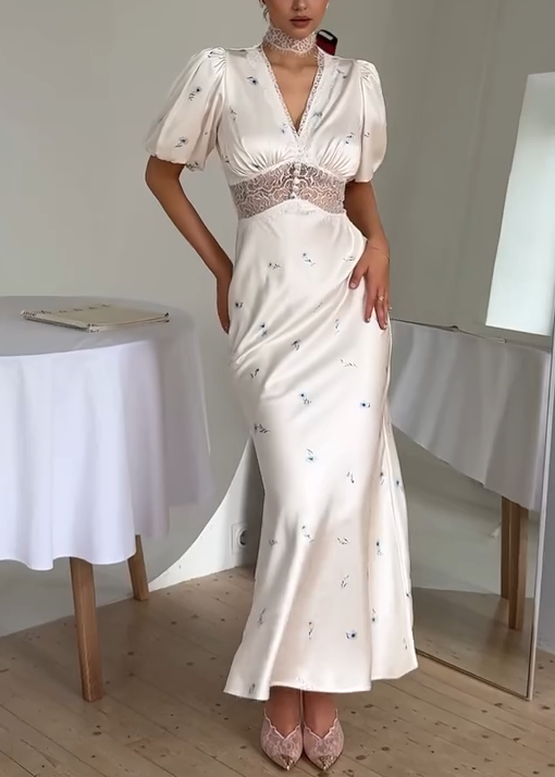 Romantic Floral V-Neck Lace Waist White Satin Maxi Dress