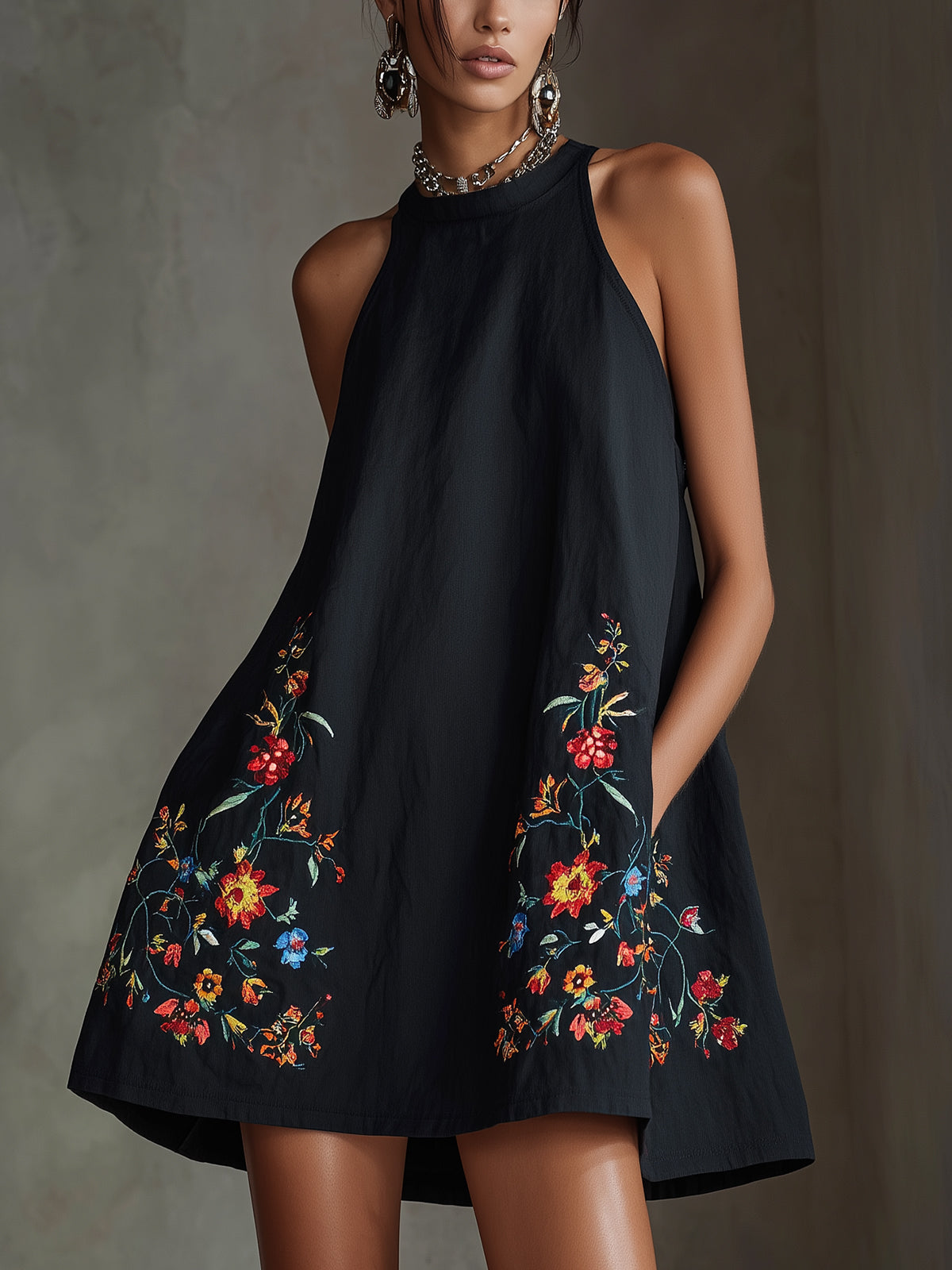 Black Embroidered Halter A-Line Mini Dress