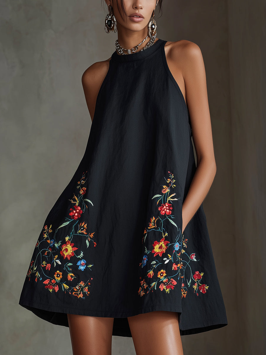 Black Embroidered Halter A-Line Mini Dress