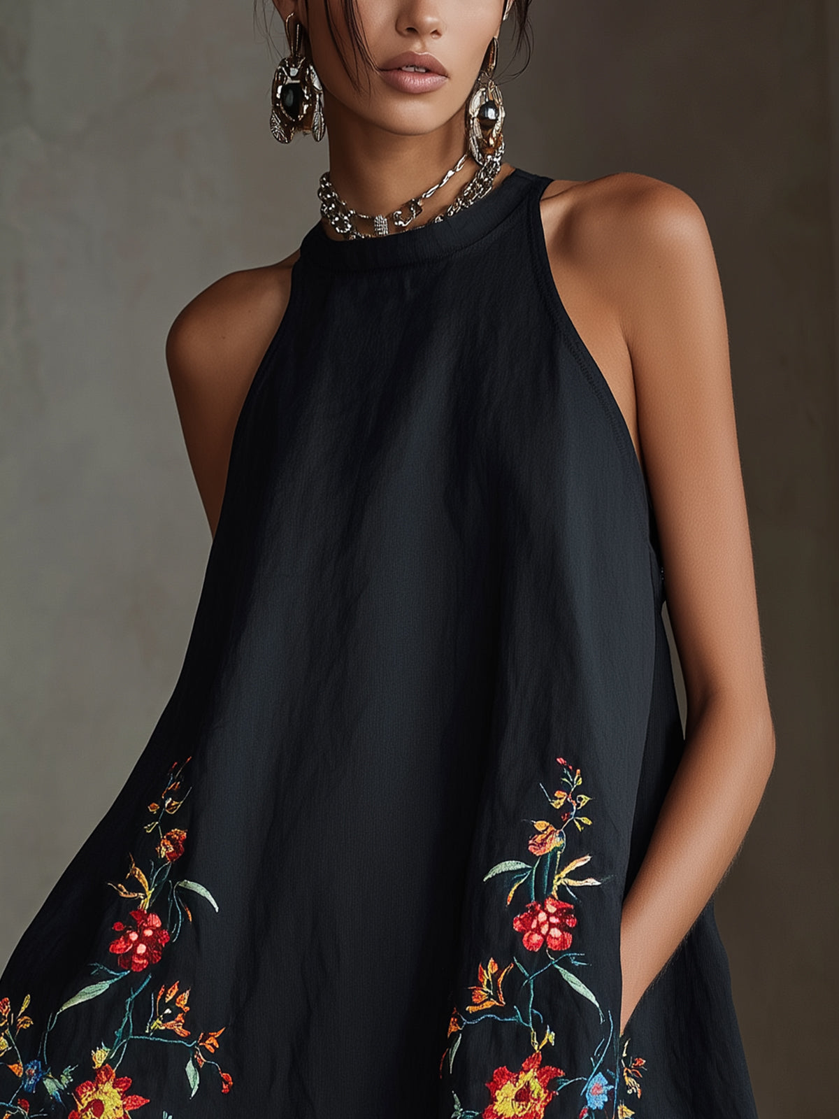Black Embroidered Halter A-Line Mini Dress
