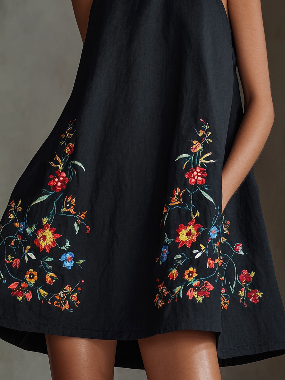 Black Embroidered Halter A-Line Mini Dress