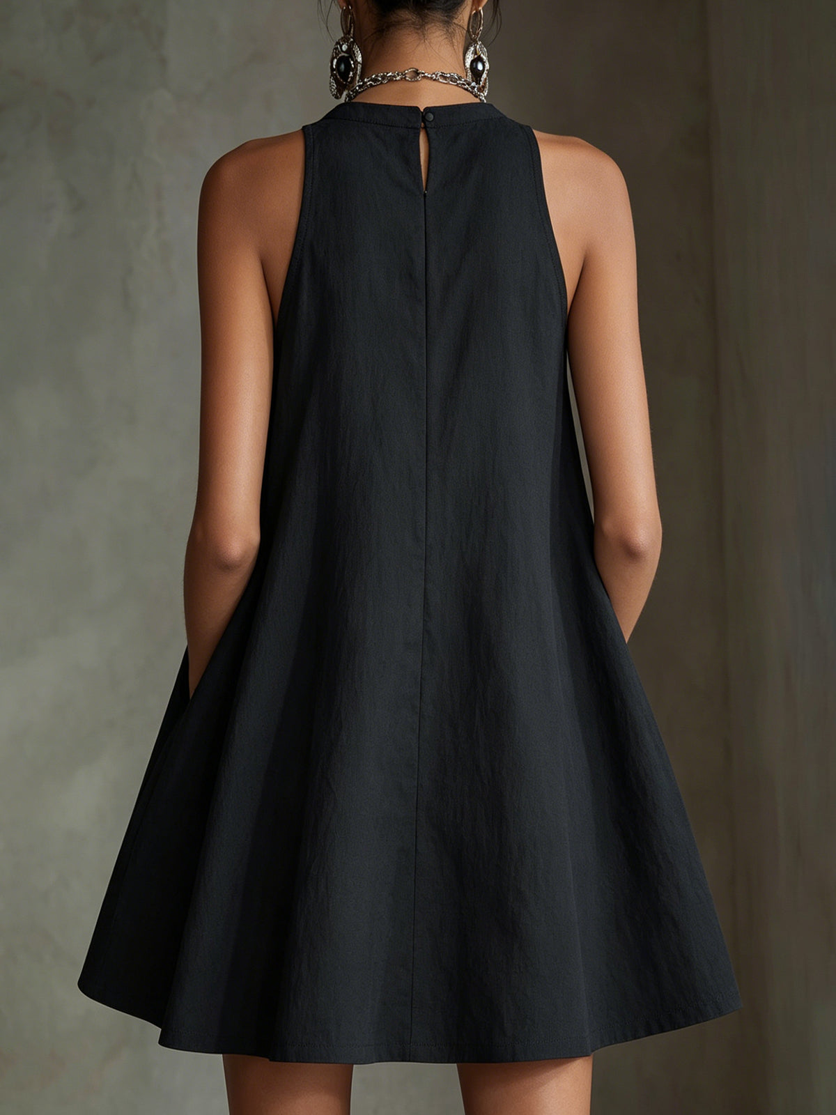 Black Embroidered Halter A-Line Mini Dress