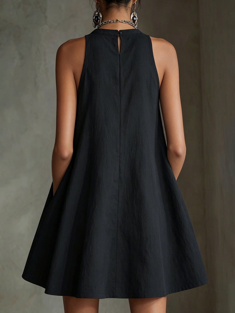 Black Embroidered Halter A-Line Mini Dress