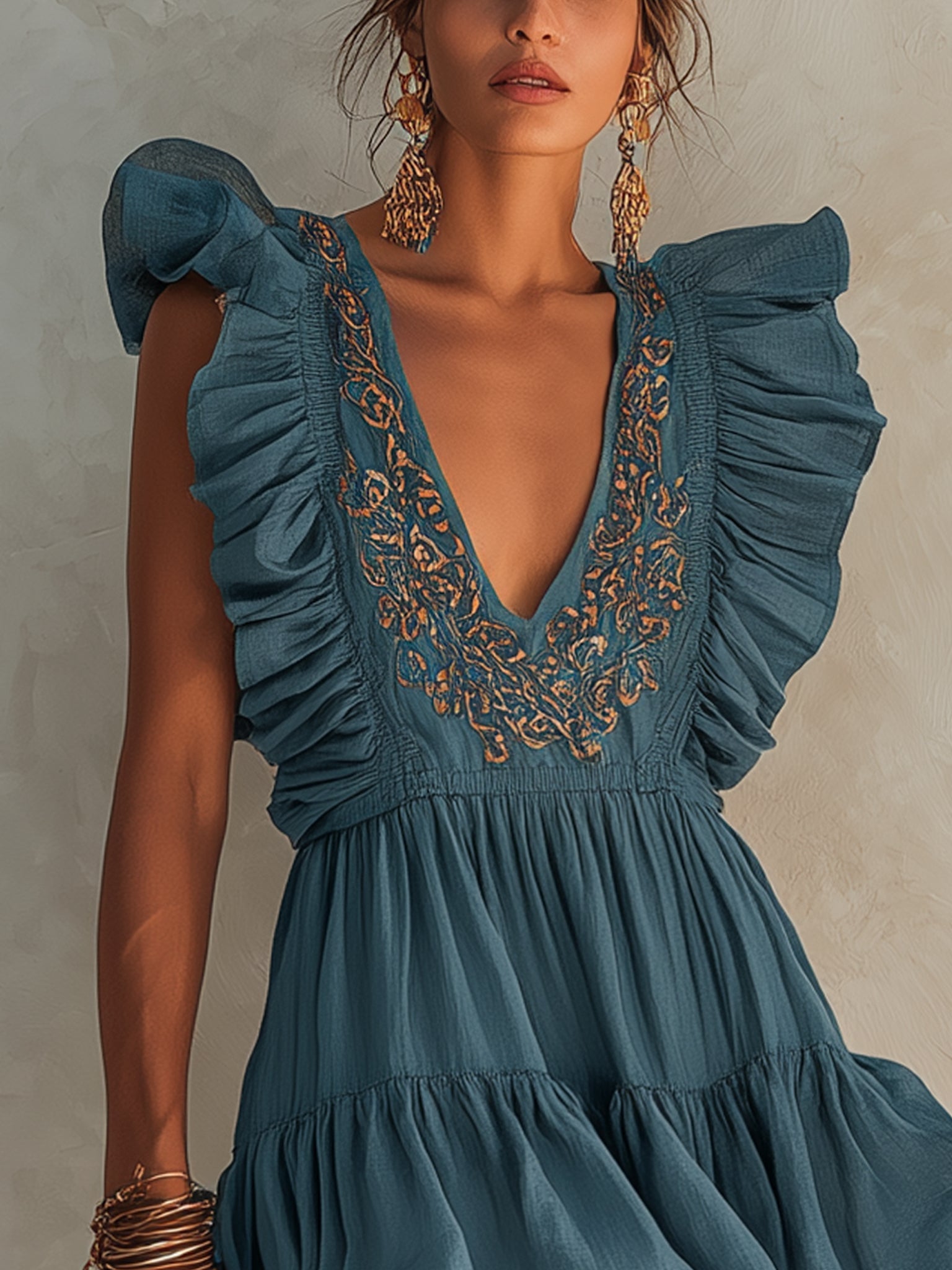 Blue Deep V-neck Ruffled hem Sleeve Embroidered Mini Dress