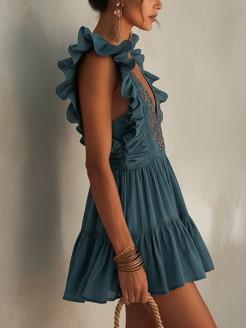 Blue Deep V-neck Ruffled hem Sleeve Embroidered Mini Dress
