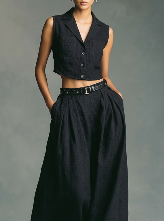 Women's Minimalist Linen-Blend Sleeveless Single-Breasted Vest And Maxi Skirt Set (Belt Included)