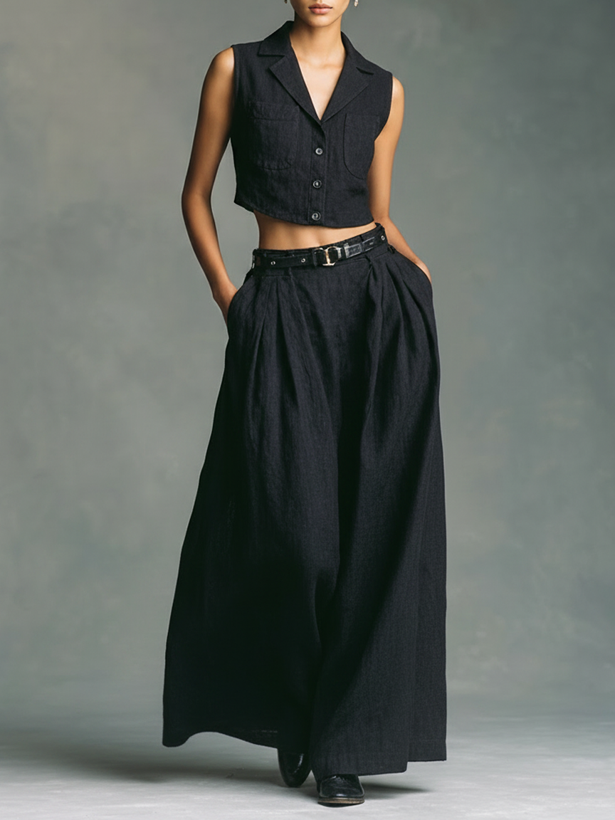 Women's Minimalist Linen-Blend Sleeveless Single-Breasted Vest And Maxi Skirt Set (Belt Included)
