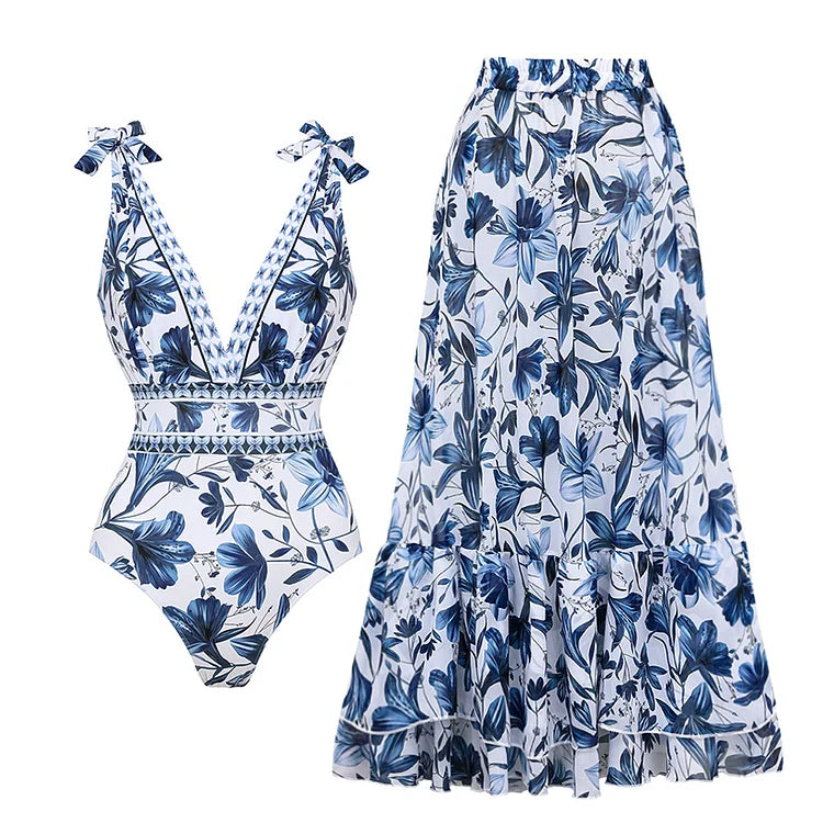 V Neck Lace Up Printed One Piece Swimsuit and Skirt02