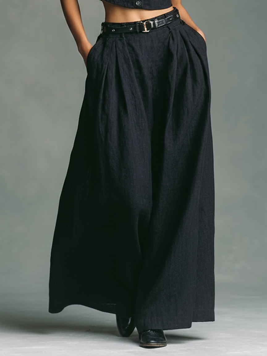 Women's Minimalist Linen-Blend Sleeveless Single-Breasted Vest And Maxi Skirt Set (Belt Included)