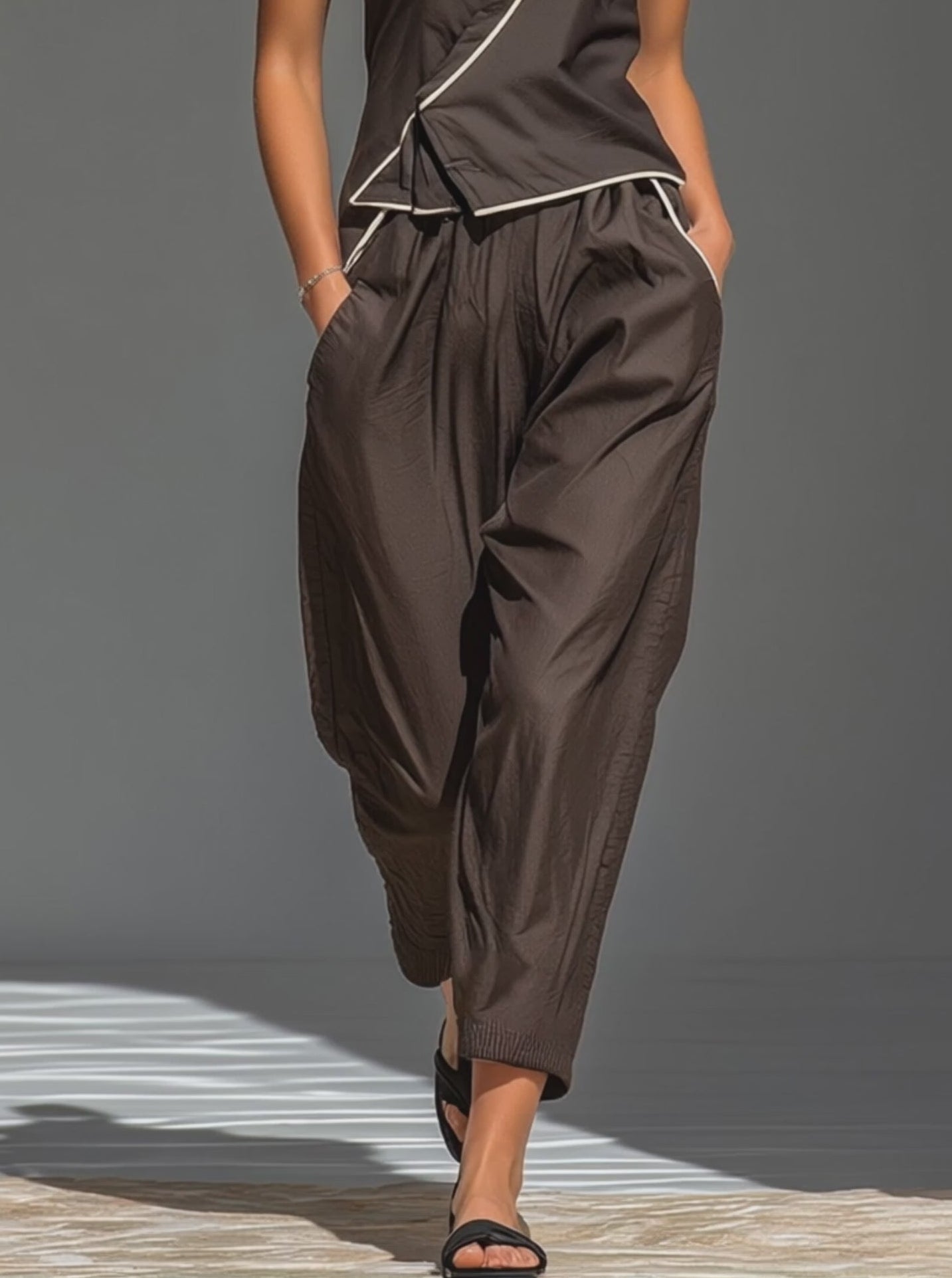Women's Dark Brown Minimalist Contrast Piping Wrap Vest & Harem Pants Two-Piece Set