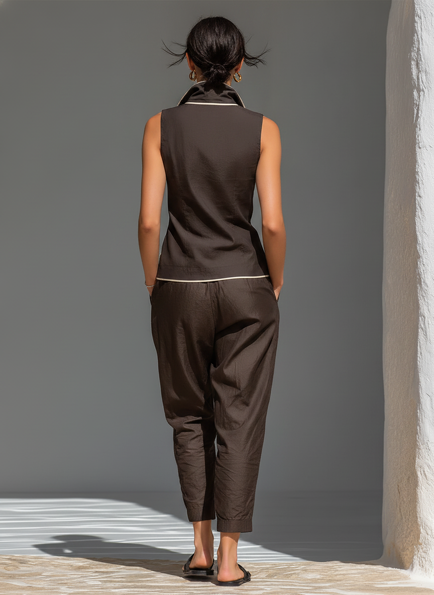 Women's Dark Brown Minimalist Contrast Piping Wrap Vest & Harem Pants Two-Piece Set
