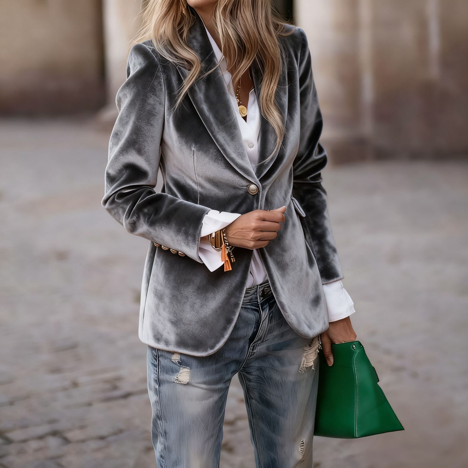 Elegant Velvet Slim-fit Faux Pocket Suit Jacket