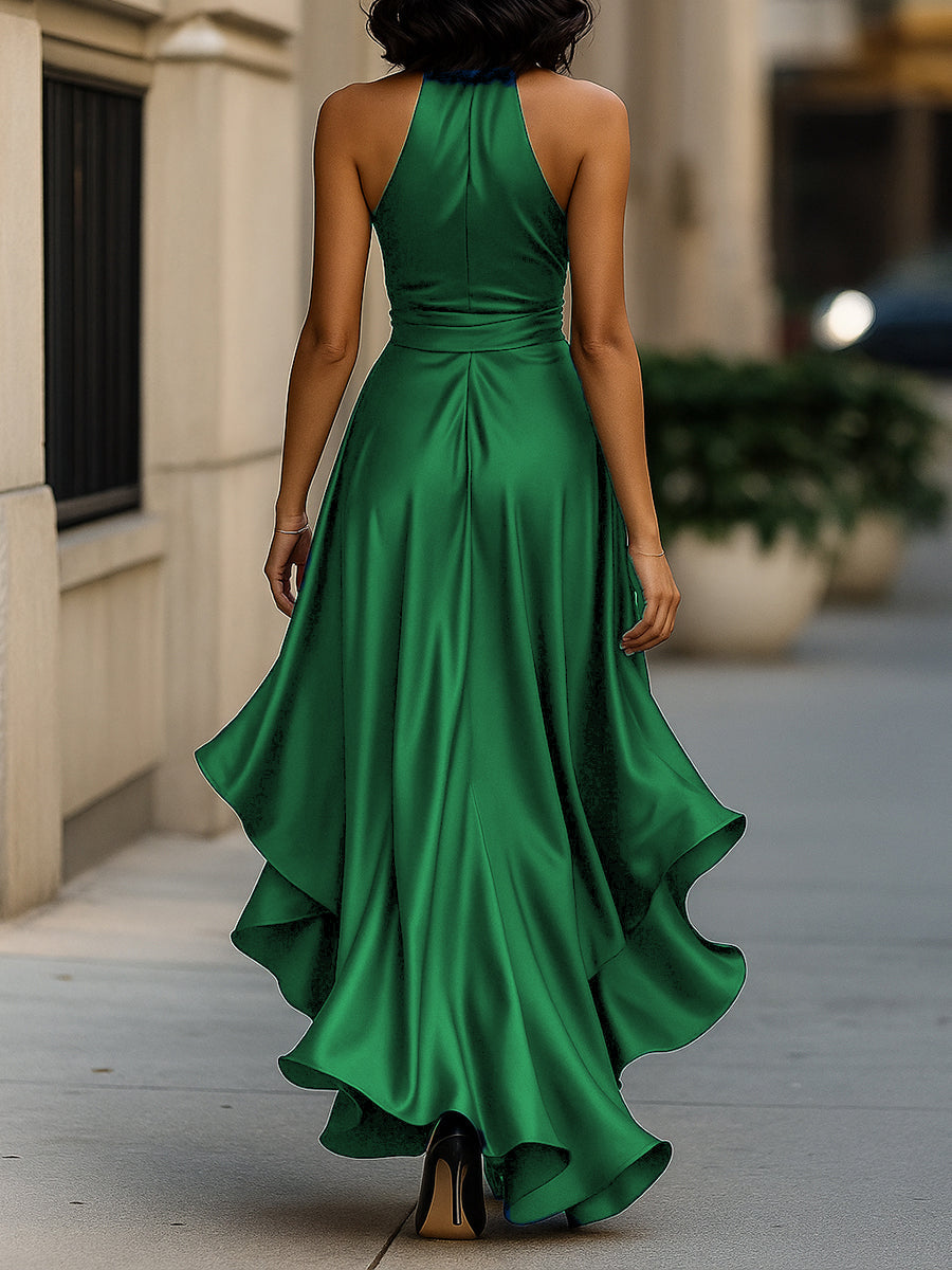Midnight Elegance Satin Halter Ruffle Gown