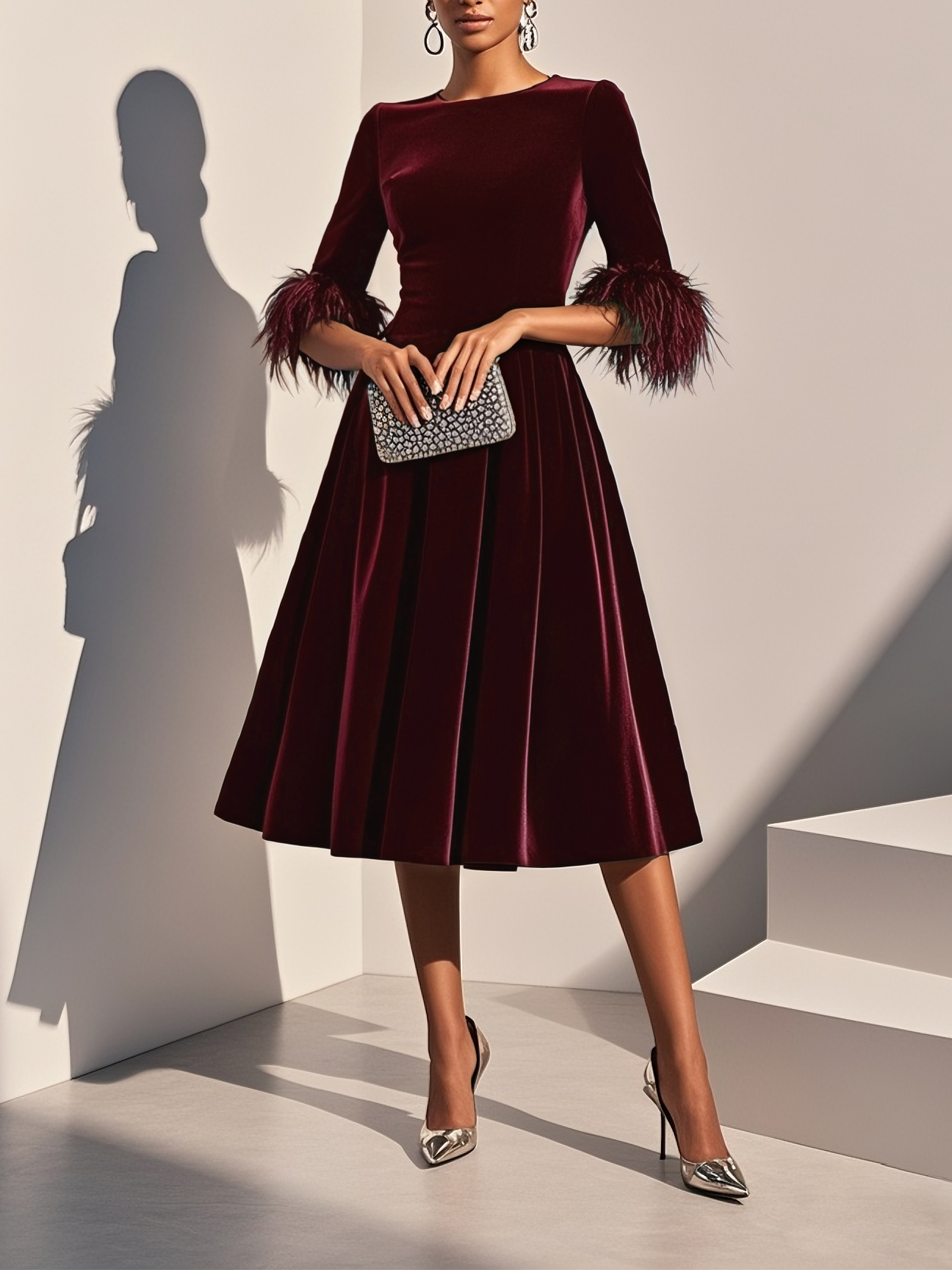 Dark Blue Feather-trimmed Velvet Round Neck Short-sleeved A-line Midi Dress