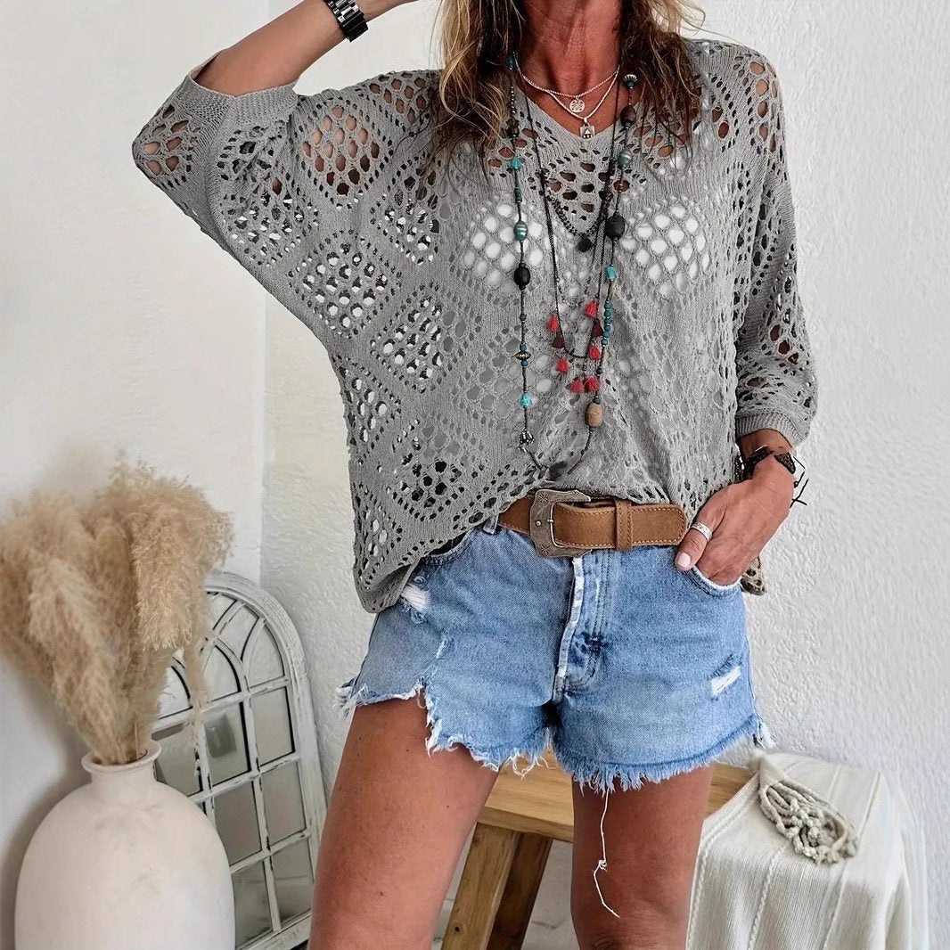 Bohemian V-neck Diamond-patterned Openwork Batwing Sleeve Knit Top
