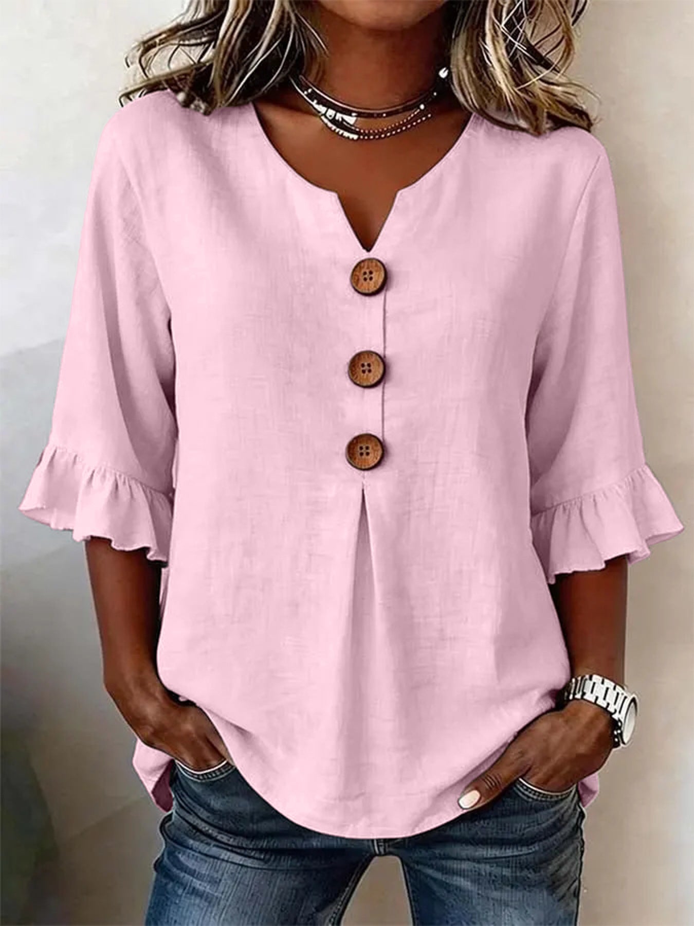 Solid V-Neck Button Ruffle Half Sleeve Casual Top