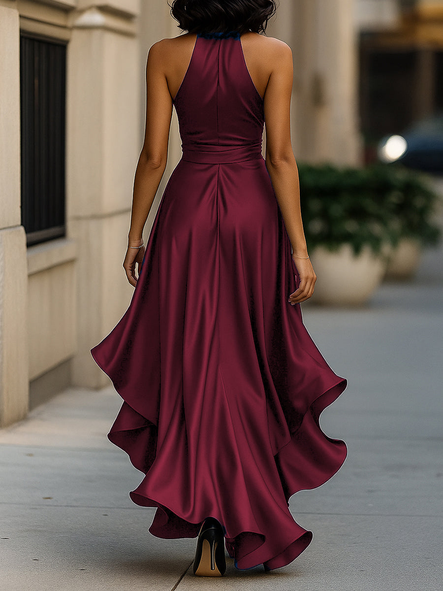Midnight Elegance Satin Halter Ruffle Gown