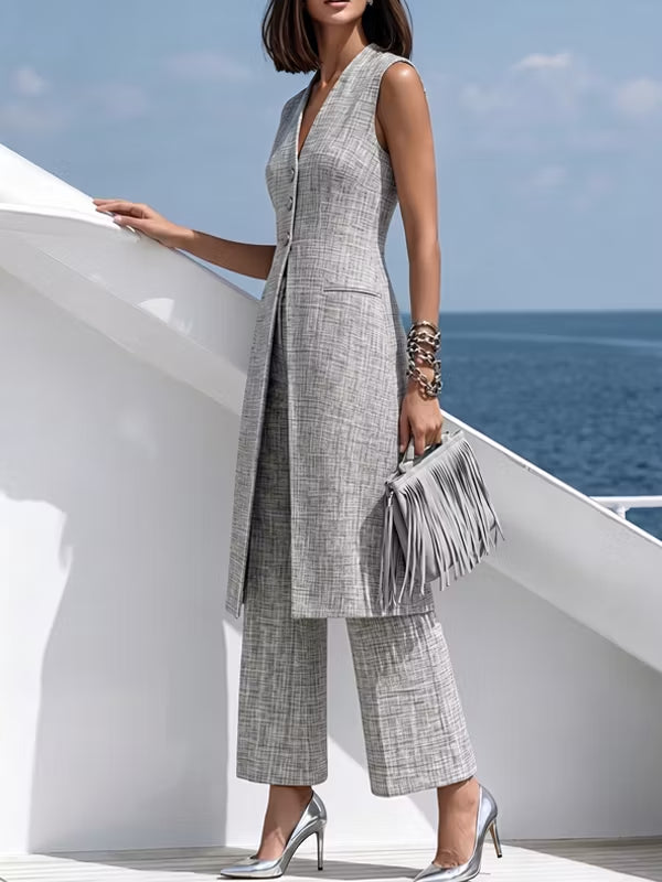Elegant Grey Long Vest And Trousers 2-Piece Suit