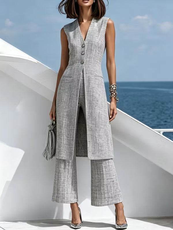 Elegant Grey Long Vest And Trousers 2-Piece Suit