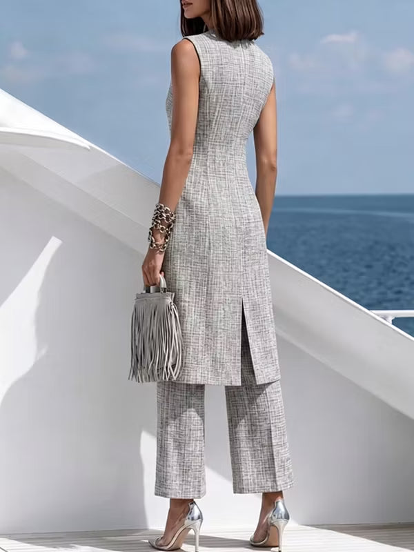 Elegant Grey Long Vest And Trousers 2-Piece Suit