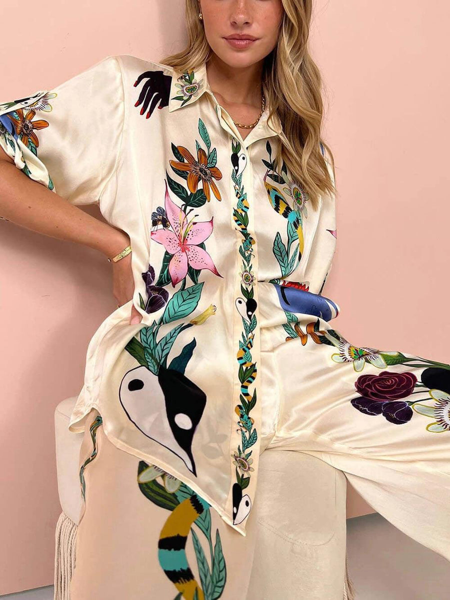 Satin unique print shirt & trousers set