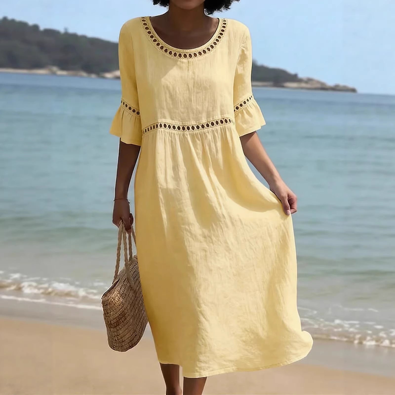 <font dir="auto" style="vertical-align: inherit;"><font dir="auto" style="vertical-align: inherit;">Amazon 2026 Europese en Amerikaanse grensoverschrijdende lente/zomer nieuwe elegante casual damesjurk met ronde hals in effen kleur</font></font>