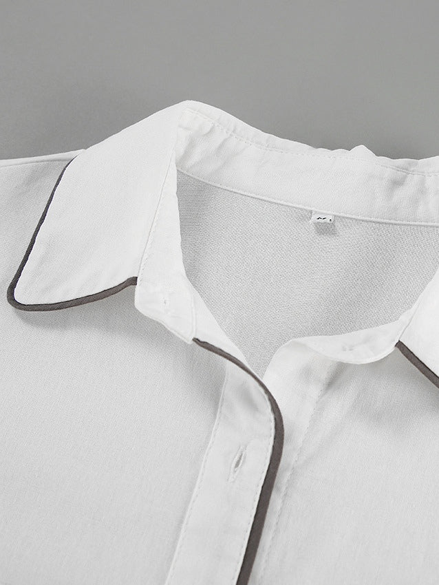 Black and White Contrast Cotton and Linen Shirt and Shorts Two-piece Set