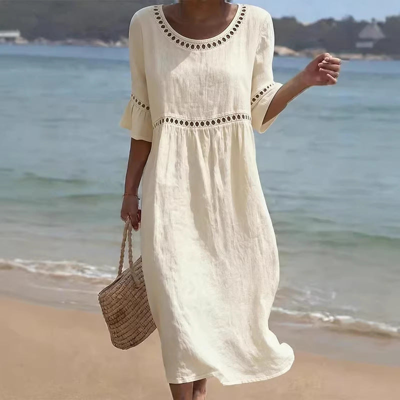 <font dir="auto" style="vertical-align: inherit;"><font dir="auto" style="vertical-align: inherit;">Amazon 2026 Europese en Amerikaanse grensoverschrijdende lente/zomer nieuwe elegante casual damesjurk met ronde hals in effen kleur</font></font>